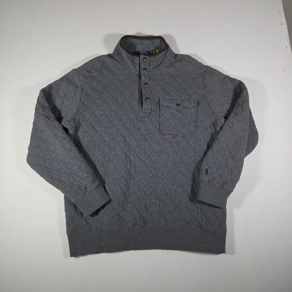 Polo‎ Ralph Lauren Quilted Luxury Jersey Pullover Mens XLT Gray Snap Sweater